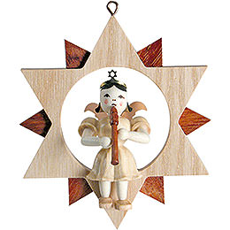 Angel Sitting in a Star with Flute, Natural  -  9cm / 3.5 inch