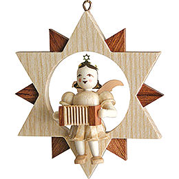 Angel Sitting in a Star with Harmonica, Natural  -  9cm / 3.5 inch