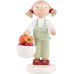 Flax Haired Children Girl with Apple Basket  -  5cm / 2 inch
