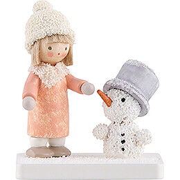 Flax Haired Children Girl with Snowman  -  5,1cm / 2 inch