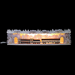 Illuminated Stand 'Train Ride Through the Ore Mountains' with Snow  -  75x20x15cm / 29.5x7.9x5.9 inch