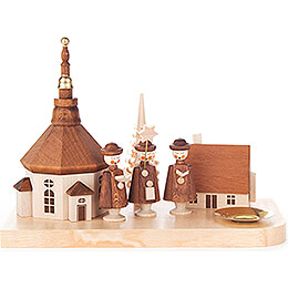 Kerzenhalter mit Seiffener Kirche, Haus und Kurrende  -  12cm