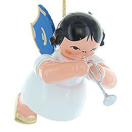 Tree Ornament  -  Angel with Piccolo Trumpet  -  Blue Wings  -  Floating  -  5,5cm / 2.2 inch