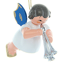 Tree Ornament  -  Angel with Shawm  -  Blue Wings  -  Floating  -  5,5cm / 2.2 inch