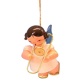 Tree Ornament  -  Angel with Trombone  -  Blue Wings  -  Floating  -  5,5cm / 2,1 inch
