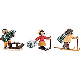 Winter Children with Trees  -  3 pcs.  -  stained  -  7cm / 2.8 inch